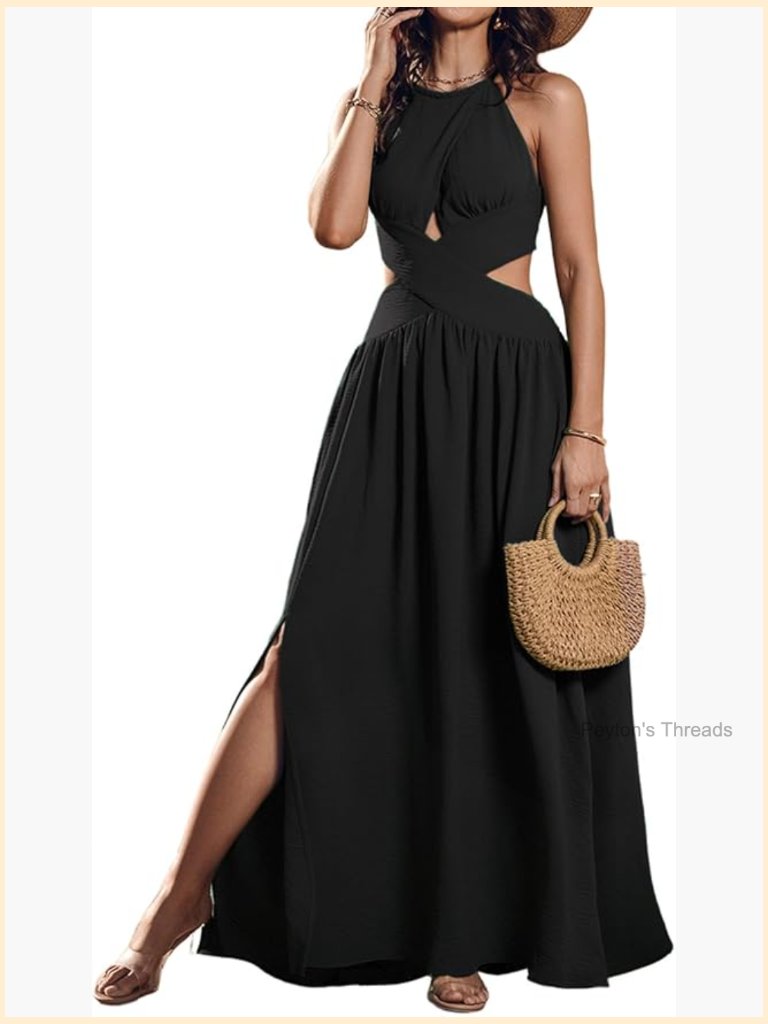 Sleeveless Halter Neck Criss Cross Tie Back Split Maxi Dress